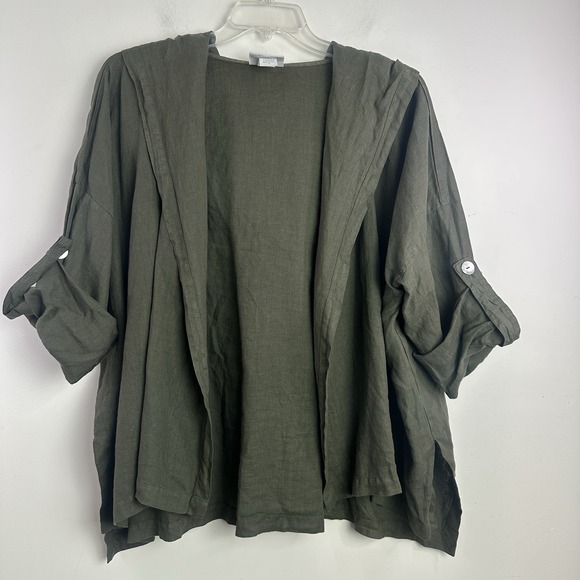 La Fixsun Sweaters - La Fixsun Linen Open Front Cardigan Hooded Size Small Green 3/4 Cuff Sleeve